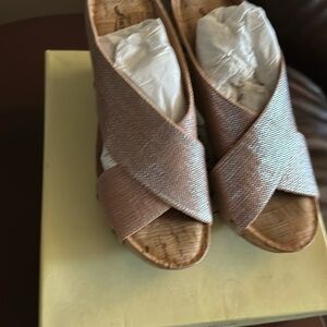 Lucky brand, size 7 women, shoes, pink with gold flakes with a cork heel